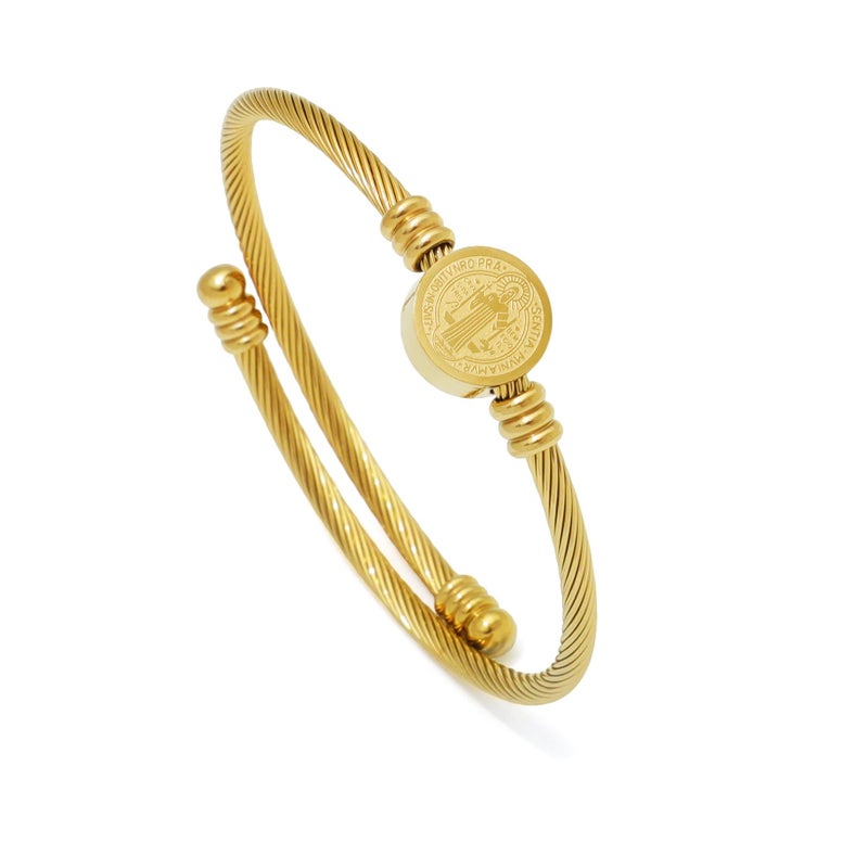 KOMI St Benedict Bangle for Men Women 18K Gold Plated Stainless Steel Cuff Bangle Catholic Protection Religious Jewelry Gifts - Image 1