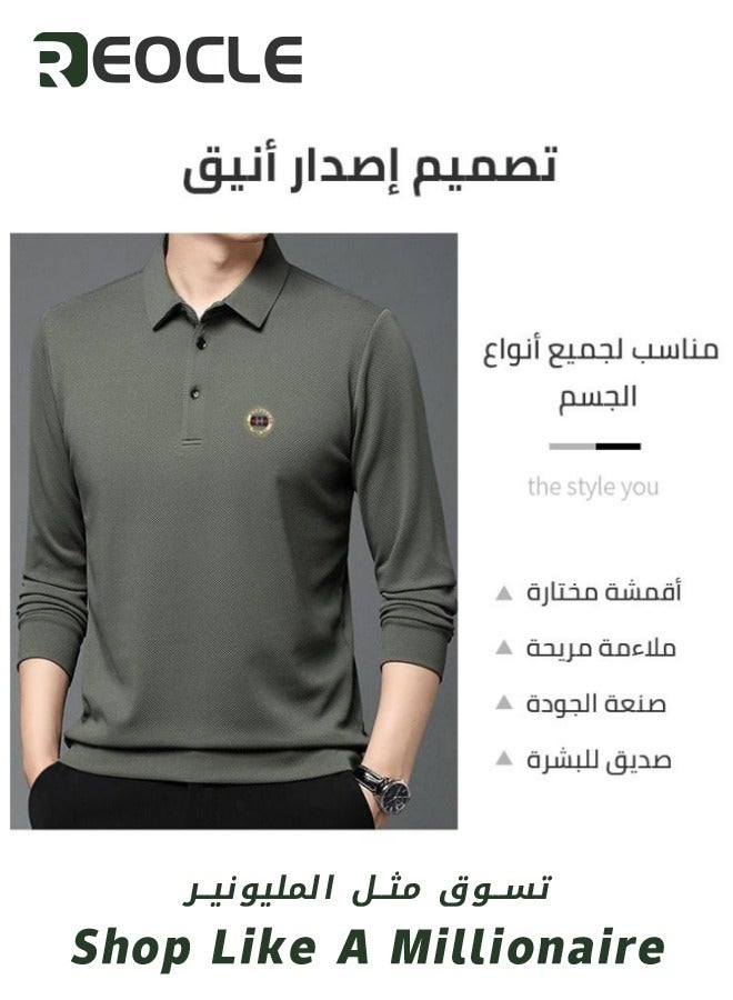 REOCLE Men's Polo Shirt Men's Casual Top Autumn Pineapple Plaid Long Sleeve T-Shirt Solid Color Lapel - Image 2