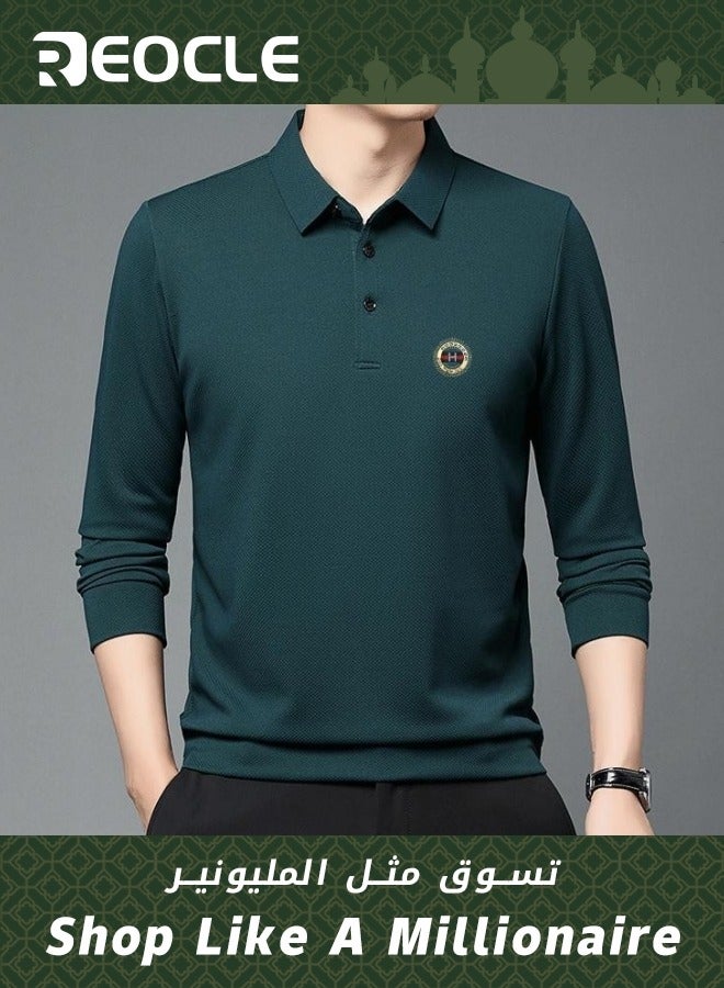 REOCLE Men's Polo Shirt Men's Casual Top Autumn Pineapple Plaid Long Sleeve T-Shirt Solid Color Lapel - Image 1