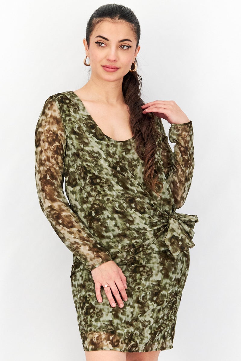 IKKS Women All Over Print Ruffed Mini Dress, Green - Image 1