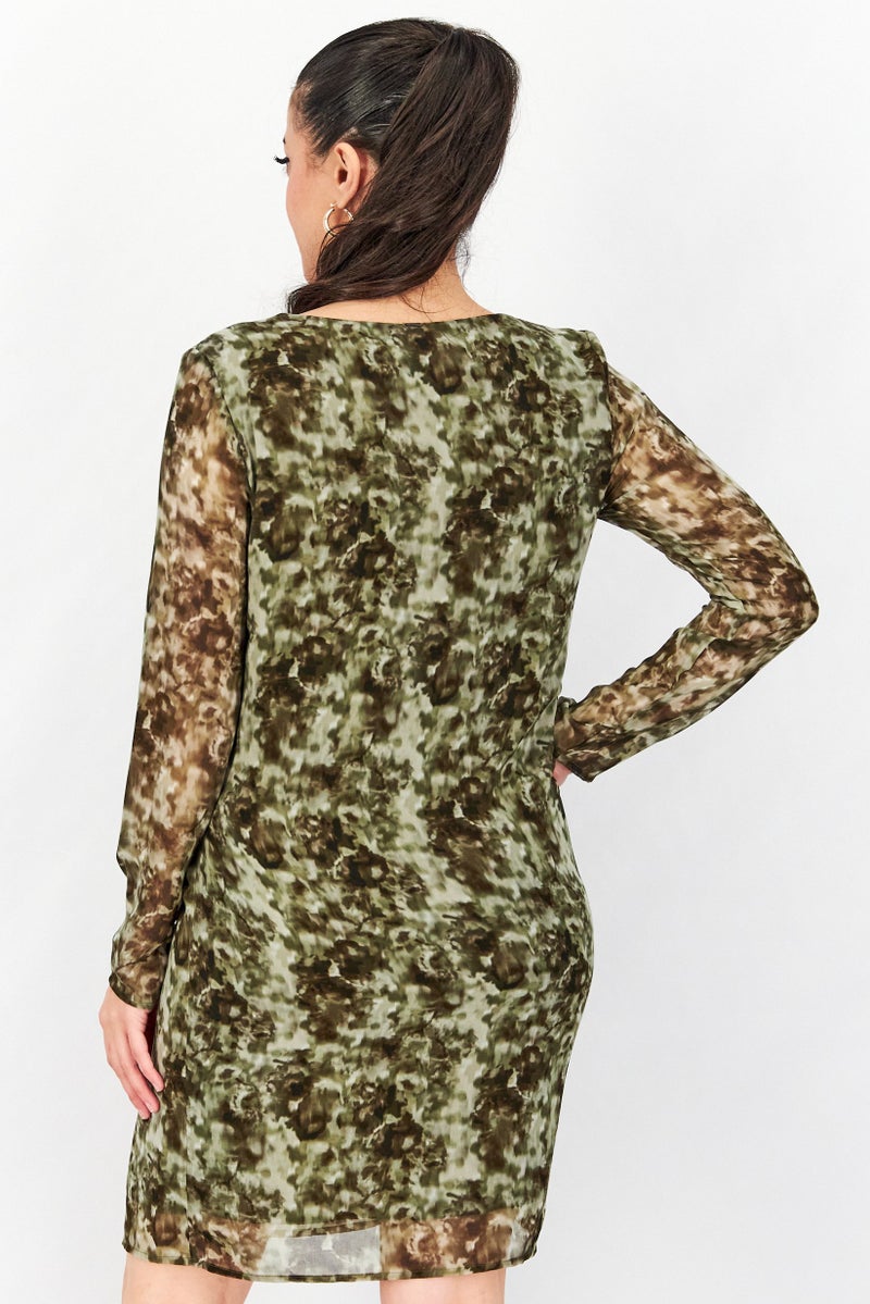 IKKS Women All Over Print Ruffed Mini Dress, Green - Image 2