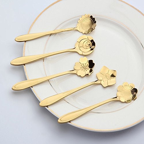 ERCRYSTO Stainless Steel Tableware Creative Flower Coffee Spoon, Stirring Spoon, Sugar Spoon, Mixing Spoon, Tea Spoon, Ice Cream Spoon, 8 Different Patterns in 1 Set, Color Golden - Image 4