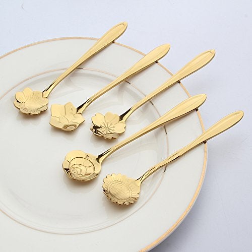 ERCRYSTO Stainless Steel Tableware Creative Flower Coffee Spoon, Stirring Spoon, Sugar Spoon, Mixing Spoon, Tea Spoon, Ice Cream Spoon, 8 Different Patterns in 1 Set, Color Golden - Image 3
