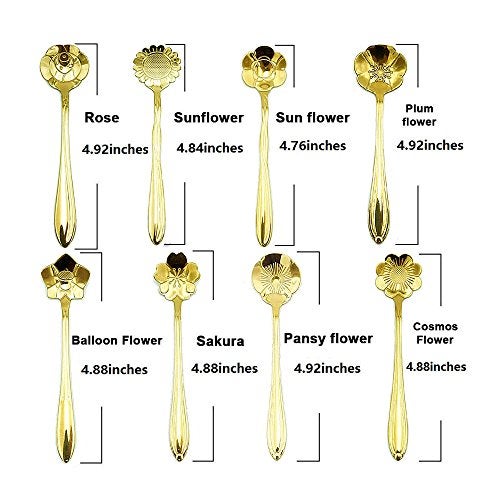 ERCRYSTO Stainless Steel Tableware Creative Flower Coffee Spoon, Stirring Spoon, Sugar Spoon, Mixing Spoon, Tea Spoon, Ice Cream Spoon, 8 Different Patterns in 1 Set, Color Golden - Image 2