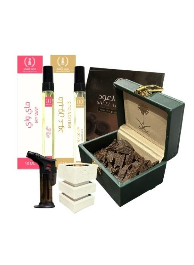 حصد للعود بكج الضيافة ( شنطة عود تايقر 50 ج + علبة فحم + ولاعة + مبخرة + عطر رجالي + عطر نسائي )