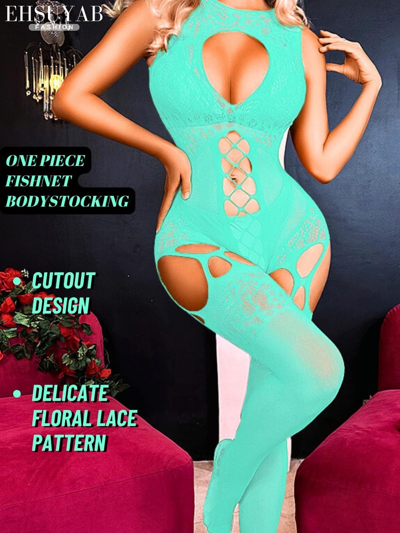 EHSUYAB Women Body Stockings Sexy, Exotic Dancer Fishnets Lingerie Glow Party, Fishnet Bodysuit Rave Outfits Club Plus Size Mint Green - Image 2