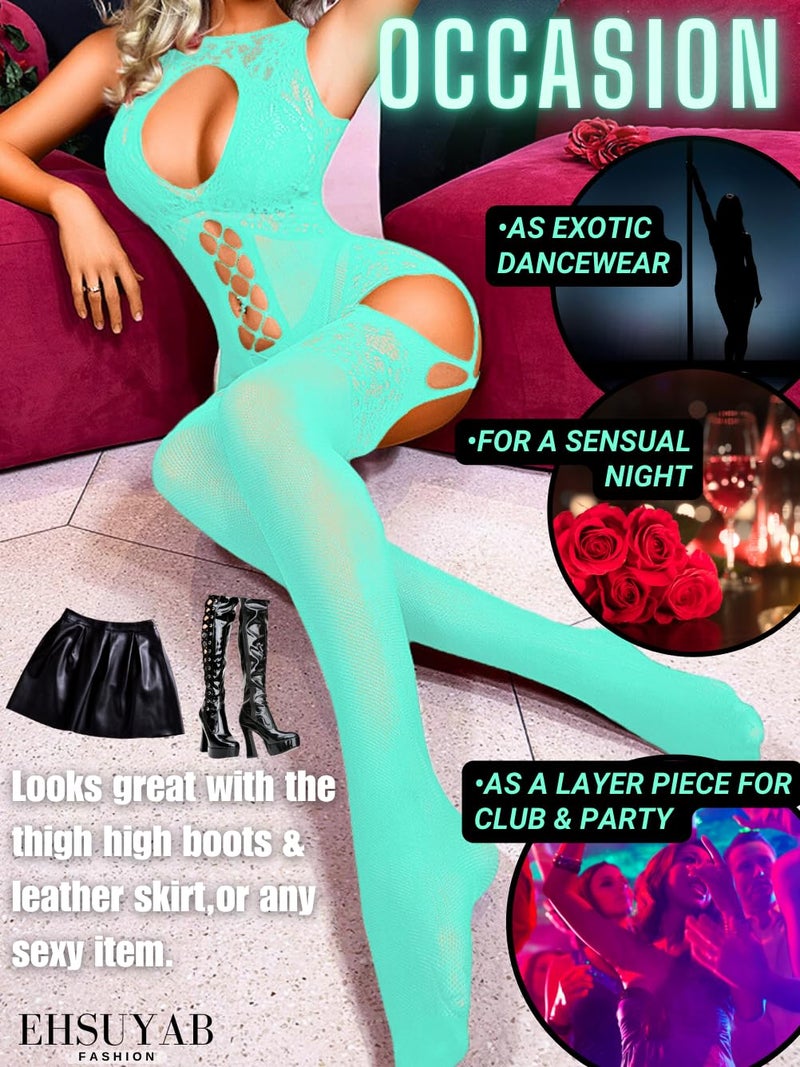EHSUYAB Women Body Stockings Sexy, Exotic Dancer Fishnets Lingerie Glow Party, Fishnet Bodysuit Rave Outfits Club Plus Size Mint Green - Image 4