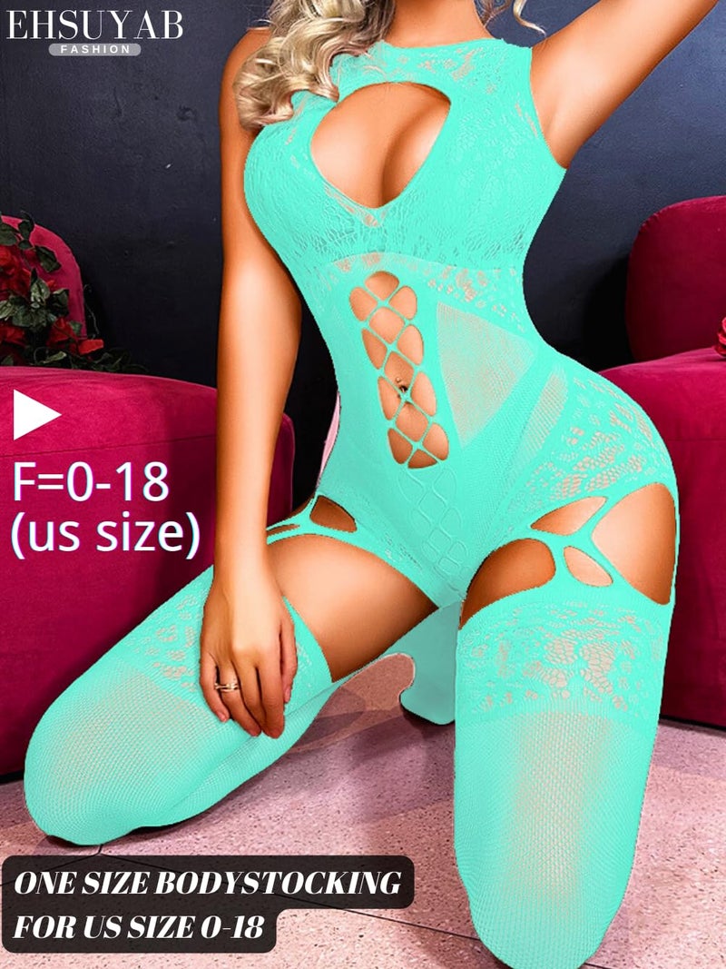 EHSUYAB Women Body Stockings Sexy, Exotic Dancer Fishnets Lingerie Glow Party, Fishnet Bodysuit Rave Outfits Club Plus Size Mint Green - Image 5