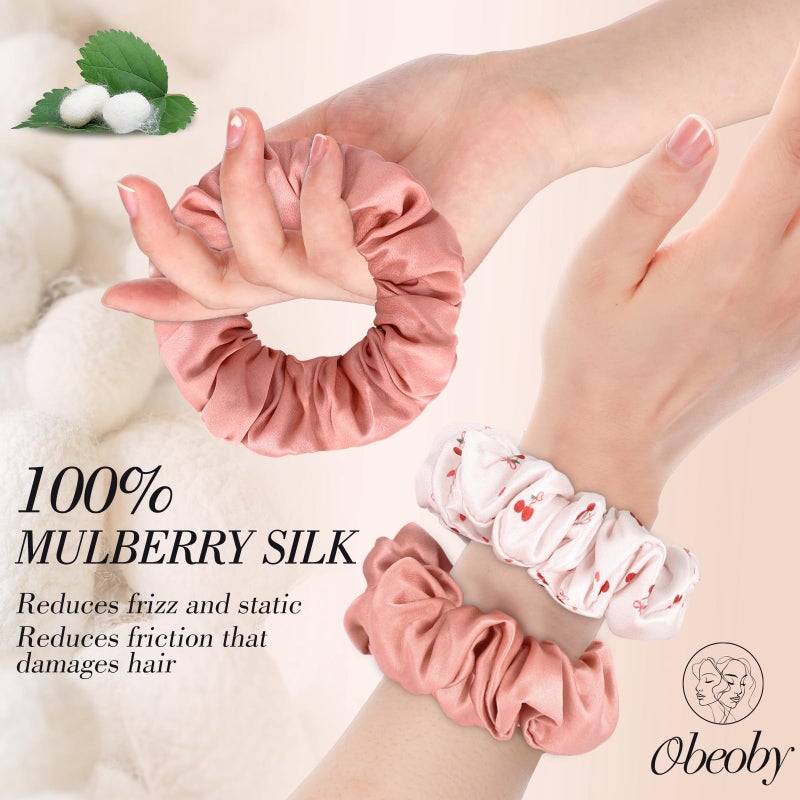 obeoby Cherry Pink Mulberry Silk Hair Scrunchies, 4Pcs Silk Hair Ties for Hair Sleep Frizz Breakage All Hair Types - Image 2