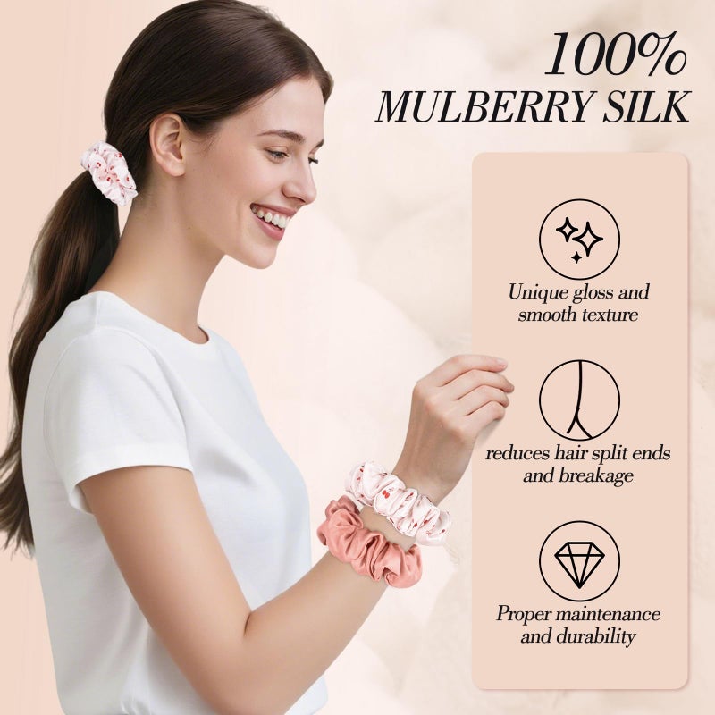 obeoby Cherry Pink Mulberry Silk Hair Scrunchies, 4Pcs Silk Hair Ties for Hair Sleep Frizz Breakage All Hair Types - Image 4