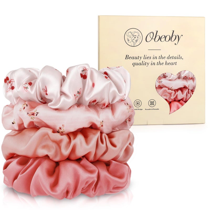 obeoby Cherry Pink Mulberry Silk Hair Scrunchies, 4Pcs Silk Hair Ties for Hair Sleep Frizz Breakage All Hair Types - Image 1