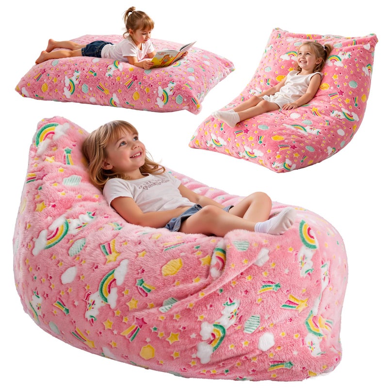 BRINJOY Kids Bean Bag Chair Bed, 3 in 1 Memory Foam Filled Bean Bag Sofa with Removable Cover for Playroom Daycare Bedroom, Toddlers Lazy Floor Mattress Lounger for Boys Girls, Glowing Rainbow - Image 1