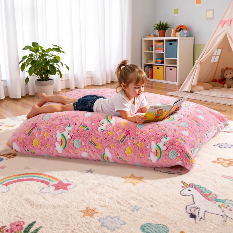 BRINJOY Kids Bean Bag Chair Bed, 3 in 1 Memory Foam Filled Bean Bag Sofa with Removable Cover for Playroom Daycare Bedroom, Toddlers Lazy Floor Mattress Lounger for Boys Girls, Glowing Rainbow - Image 2