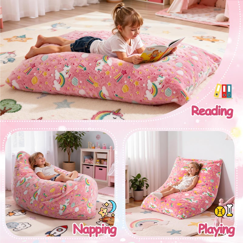 BRINJOY Kids Bean Bag Chair Bed, 3 in 1 Memory Foam Filled Bean Bag Sofa with Removable Cover for Playroom Daycare Bedroom, Toddlers Lazy Floor Mattress Lounger for Boys Girls, Glowing Rainbow - Image 4