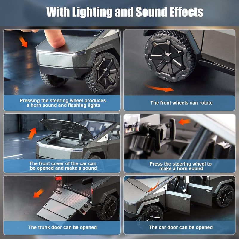 stochastic box Pickup Truck Toy 1/24 Diecast Cars with Lights and Sounds Cybertruck Metal Toy Cars for Kids Adults Boys Black - Image 4