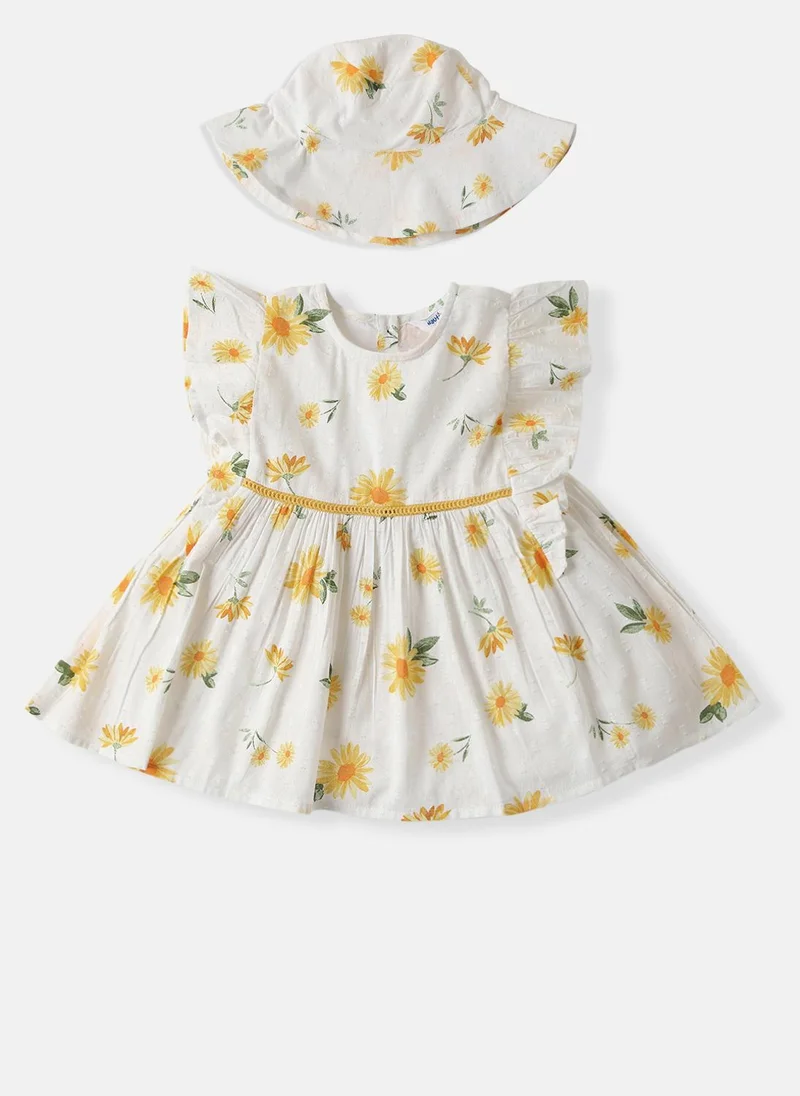Nautinati Nautinati Girls' Cotton Floral Print Frock With Bucket Hat