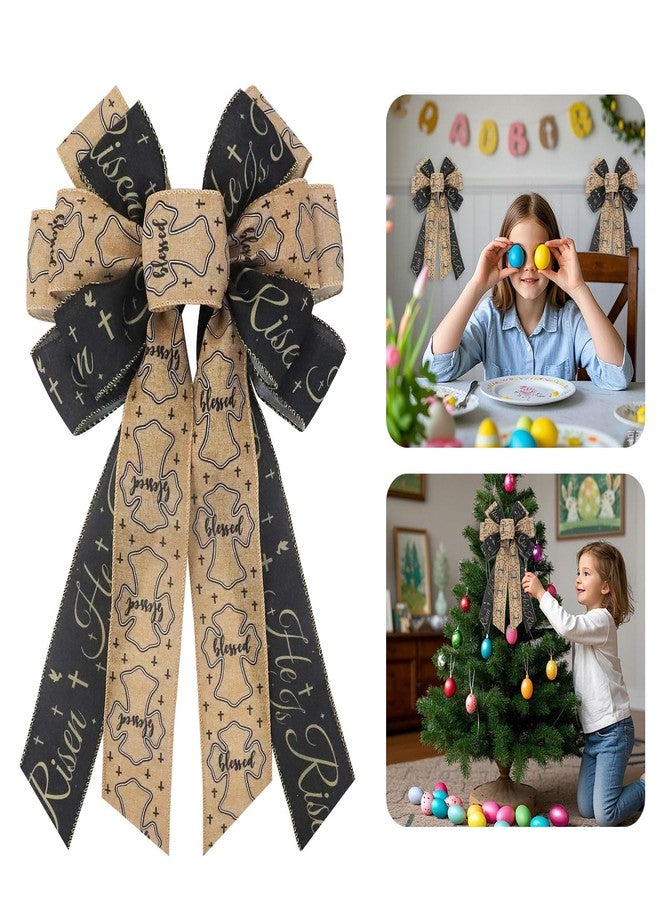 Glodecart Large Easter Bow for Wreath, He is Risen Religion Christian Cross Wreath Bow for Front Door Indoor Outdoor Wall Tree Topper Decoration Party Supplies Hanging Ornament Christian Themed Bow - Image 1