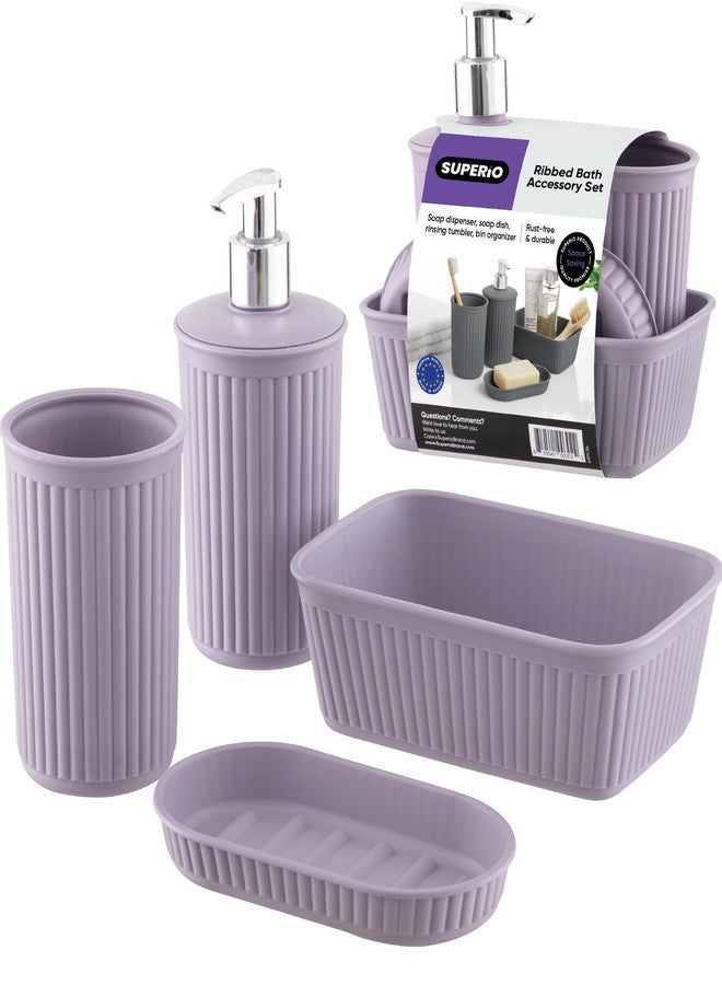 Decorative Plastic Bathroom Accessories Set, Lilac Purple (Set of 4) Soap Dish, Liquid Dispenser, Toothbrush Holder Cup, Vanity Organizer Tray - Bath Accessory Countertop Decor Gift - Ribbed Design