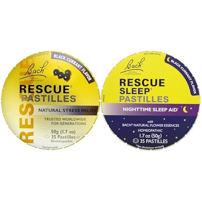 RESCUE Bach Black Currant PASTILLES, Day & Night Pack with No Melatonin Lozenges, Homeopathic, Flower Essences, 2 Pack - Image 1