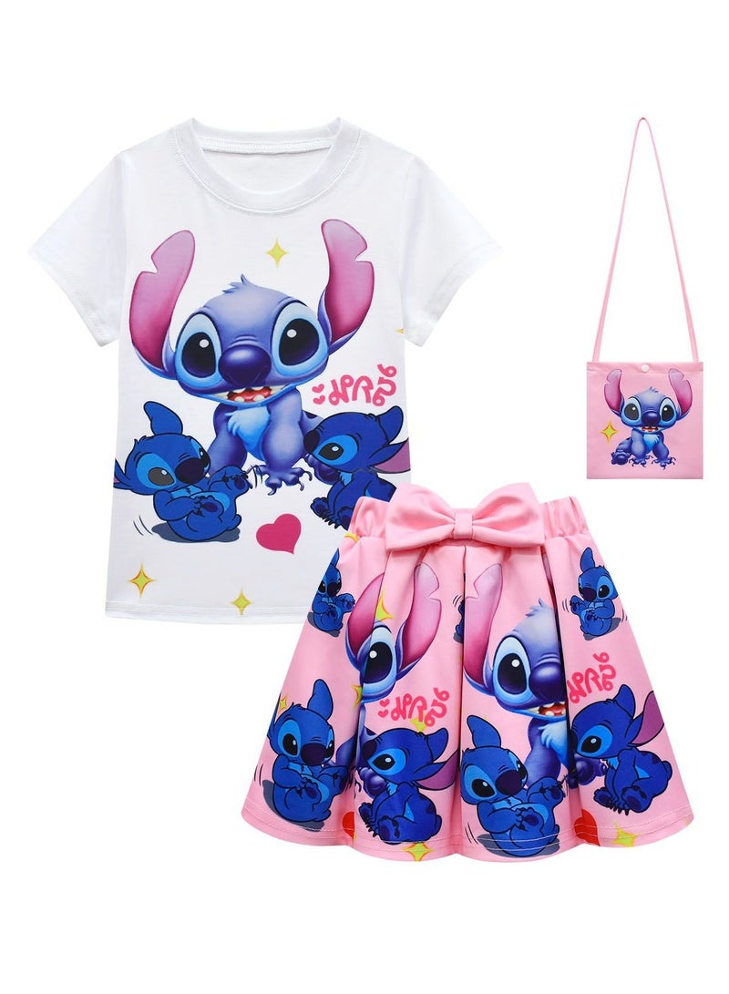 Stitch Girl Short Sleeve Pleated Skirt Bag Kit Kids Kit Cute Print Summer Cute Outfit - Image 1