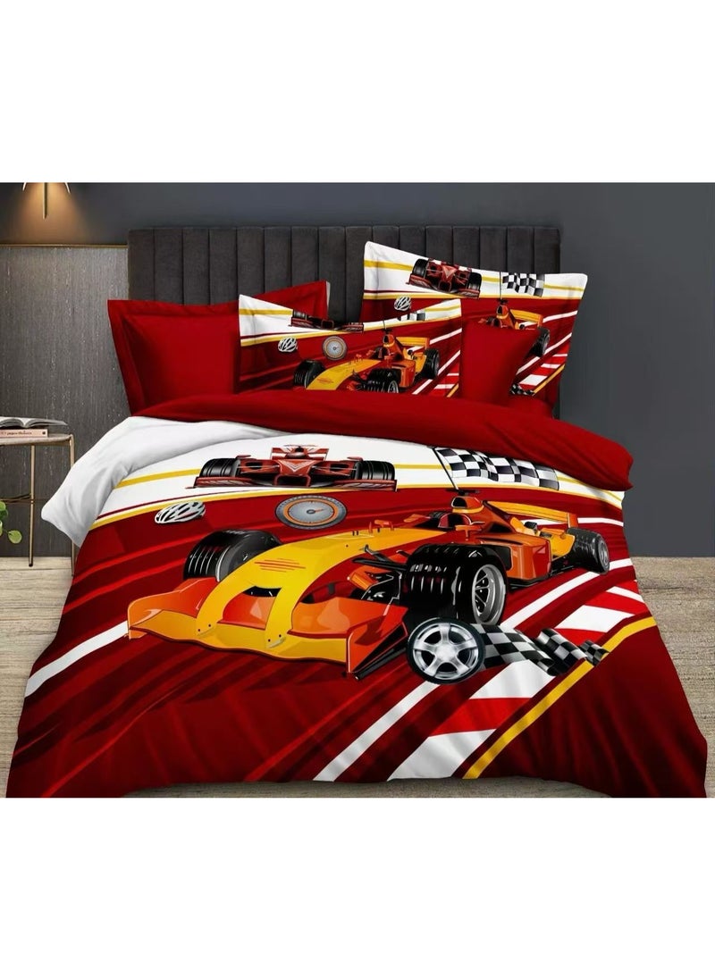 llwoo Racing Car Bedding Set – 4-Piece Bed Sheet Set with Duvet Cover, Fitted Sheet & Pillowcases, Vibrant Race Car Design for Boys’ Bedroom, Soft & Comfortable 