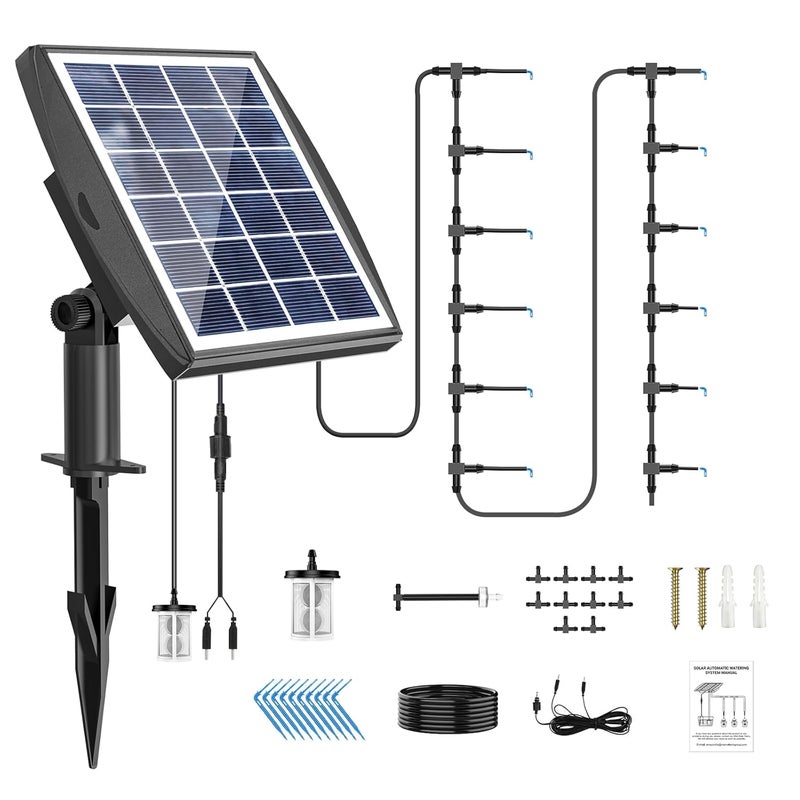 JIYANG Solar Automatic Drip Irrigation Kit System, Solar Powered Auto Easy DIY Watering Device Supported Pots Plants, 6 Timing Modes with Anti-Siphoning Device (Supported 10-15 Pots, 6Timing Modes) - Image 1