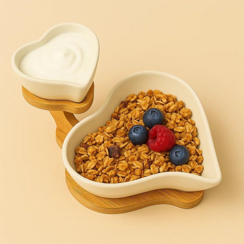 CORALTREE CORAL TREE Premium Ceramic Serving Bowls with Wooden Stand | Elegant Snack & Dip Bowl Set for Dining, Kitchen, and Parties | Modern Tableware Gift Set (Heart Shaped) - Image 1