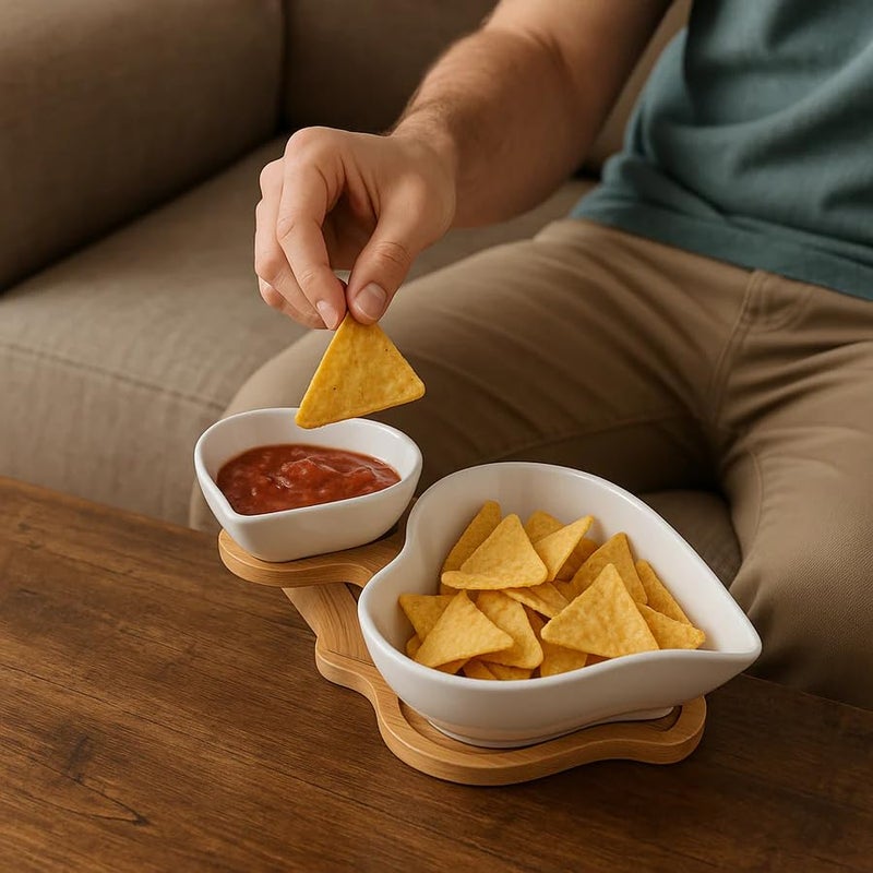 CORALTREE CORAL TREE Premium Ceramic Serving Bowls with Wooden Stand | Elegant Snack & Dip Bowl Set for Dining, Kitchen, and Parties | Modern Tableware Gift Set (Heart Shaped) - Image 4