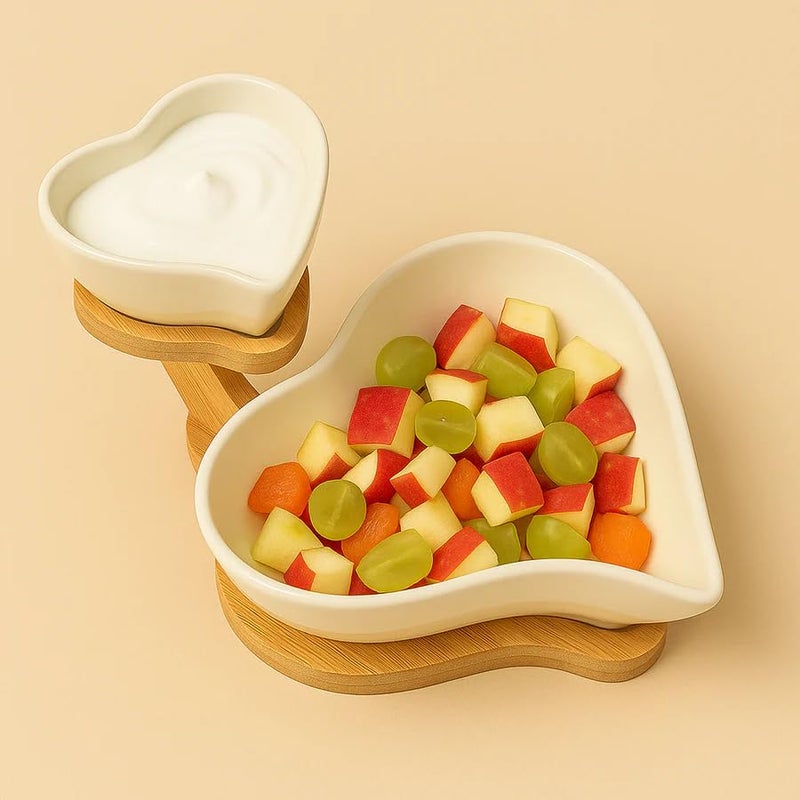 CORALTREE CORAL TREE Premium Ceramic Serving Bowls with Wooden Stand | Elegant Snack & Dip Bowl Set for Dining, Kitchen, and Parties | Modern Tableware Gift Set (Heart Shaped) - Image 3