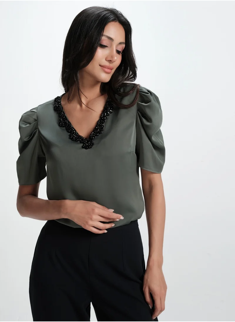 Zigzag Vneck Sleeve Gathered Glamorous Satin Top-Frost Green