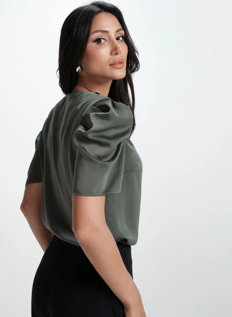 Zigzag Vneck Sleeve Gathered Glamorous Satin Top-Frost Green