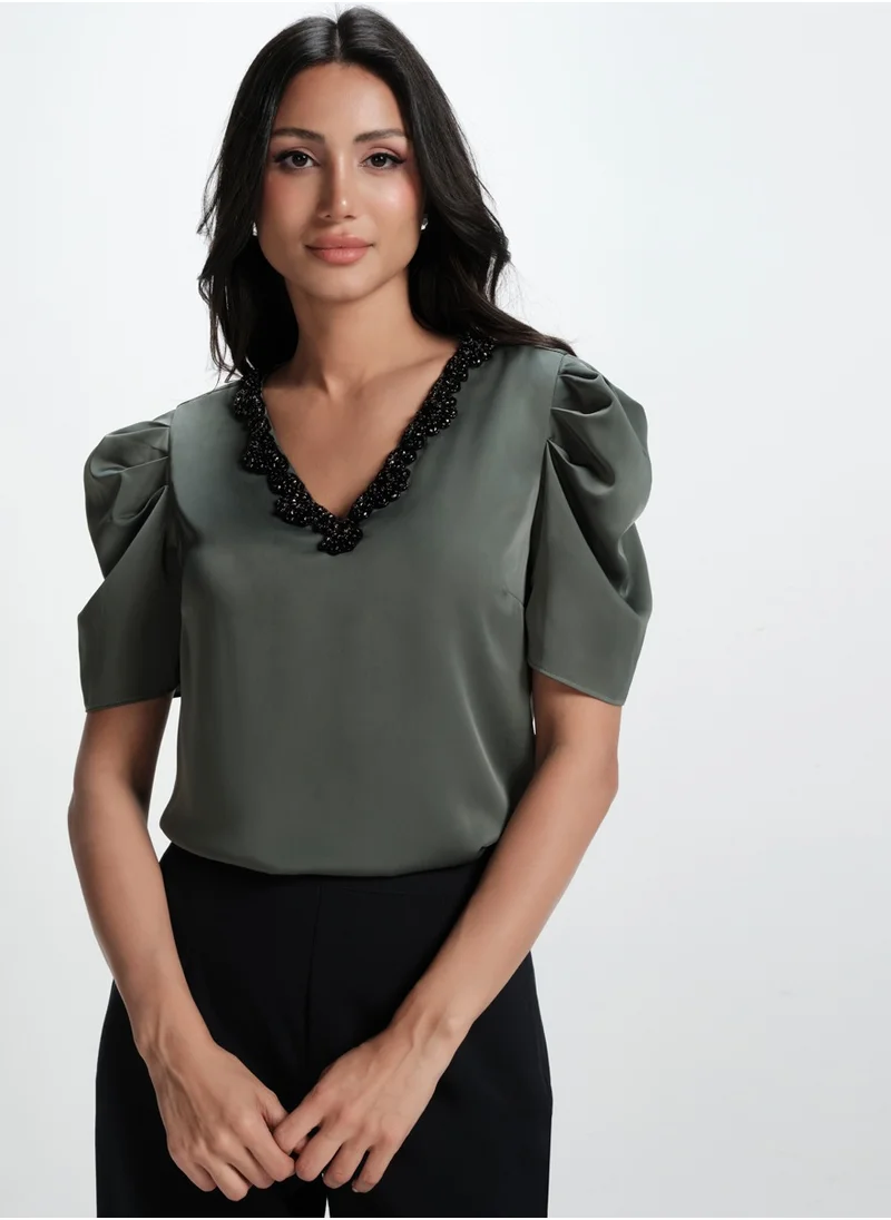 Zigzag Vneck Sleeve Gathered Glamorous Satin Top-Frost Green