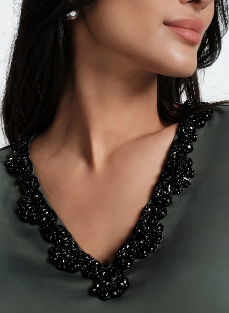 Zigzag Vneck Sleeve Gathered Glamorous Satin Top-Frost Green