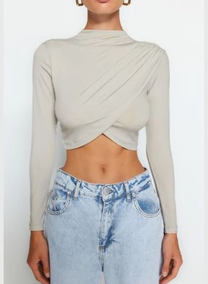 trendyol Light Stones Stand Collar Draped Crop Blouse TWOAW24BZ00164