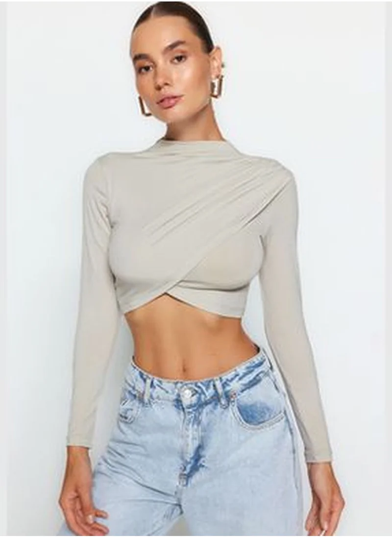 trendyol Light Stones Stand Collar Draped Crop Blouse TWOAW24BZ00164