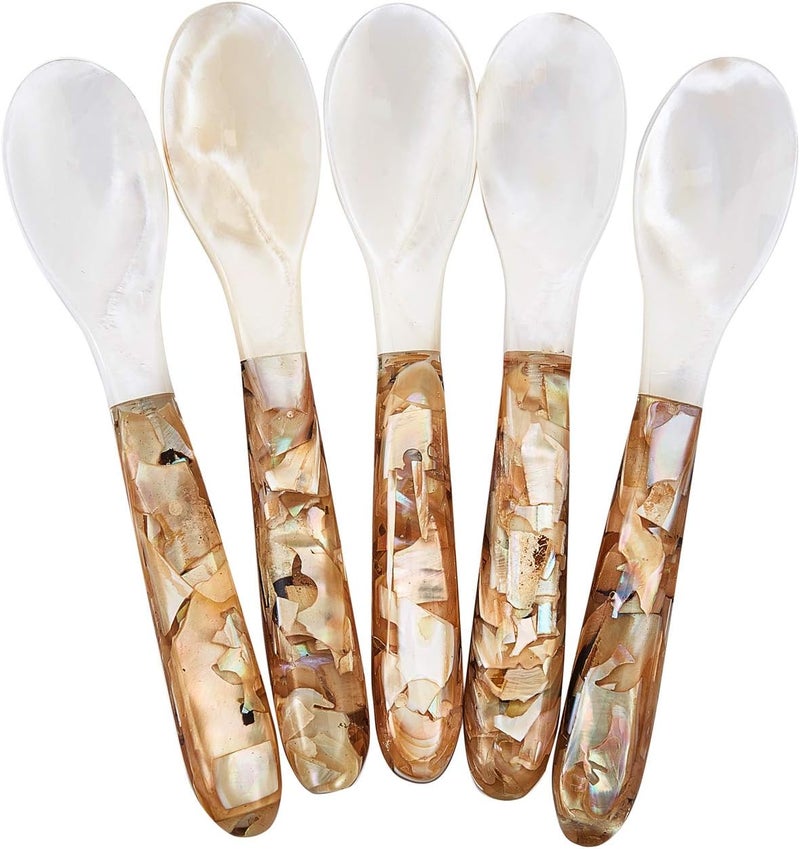 DUEBEL Set of 5 Pink Mother of Pearl MOP Caviar Spoons for Caviar, Egg, Icecream, Coffee Serving (Pink, 12.5x2.5cm) - Image 1