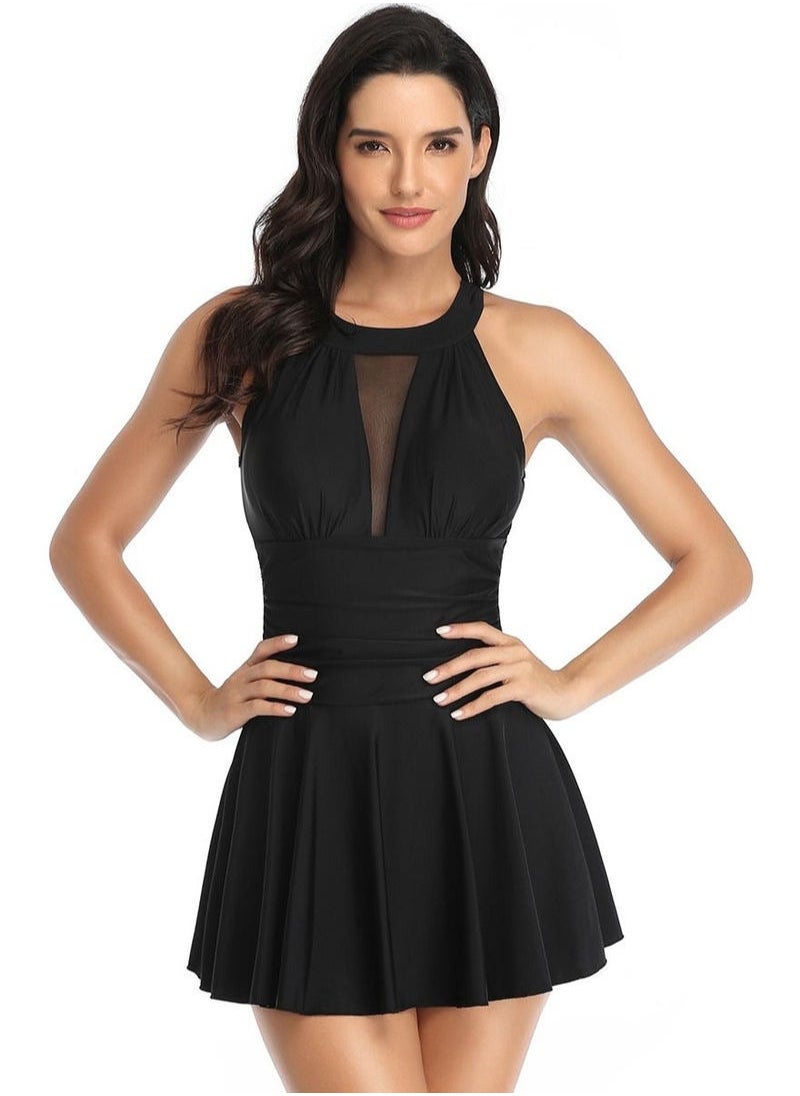 Joychic - Women One Piece Solid Swimsuit Halter Neck Swimwear Tummy Control Pleated Bathing Suit Wrap Tie Back Swimdress Black - Image 1