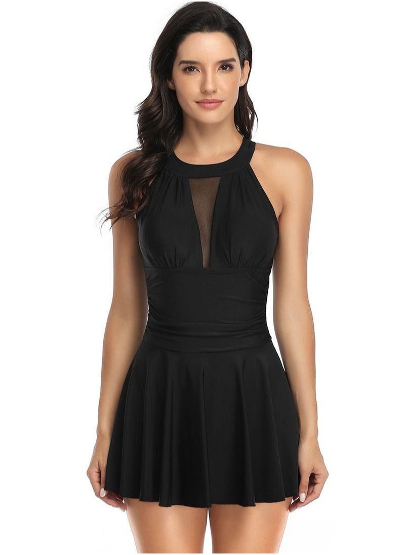 Joychic - Women One Piece Solid Swimsuit Halter Neck Swimwear Tummy Control Pleated Bathing Suit Wrap Tie Back Swimdress Black - Image 1