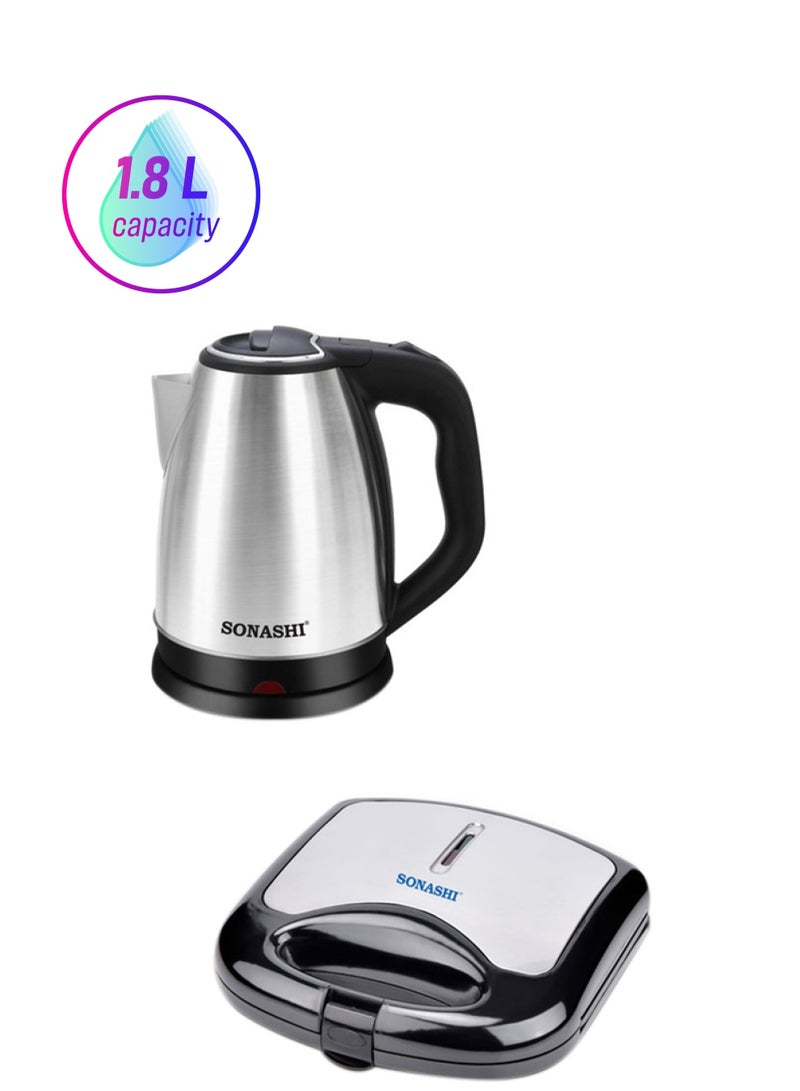 SONASHI Stainless Steel Cordless Kettle With 2 Slice Non-Stick Grill Plate Bundle 1.8 L 1500 W SKT-1804 + SGT-853 Silver/Black - Image 1