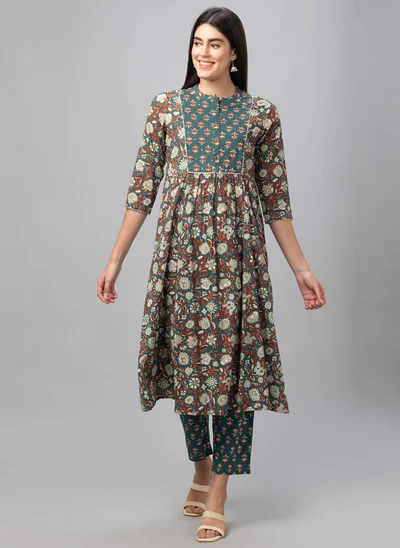 globus Globus Women Floral Printed Mirror Work Pure Cotton Kurta With Trousers