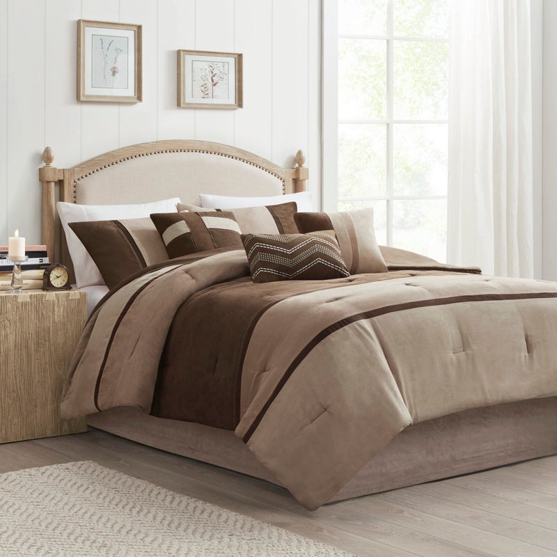 madison park Madison Park Palisades Comforter Set Modern Faux Suede Pieced Stripe Design All Season Down Alternative Cozy Bedding with Matching Shams Decorative Pillows Queen90x90 Brown 7 Piece 