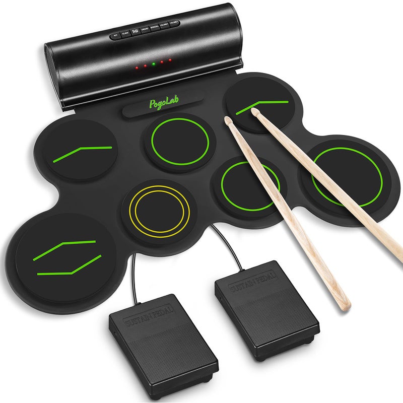POGOLAB Electronic Drum Set, 7 Pads Roll Up Electric Drum Pad with Wireless Function, Portable Rechargeable Midi Drum Kit with Speaker/Pedals/Headphone Jack, Great Holiday Gift for Beginner (Green) - Image 1