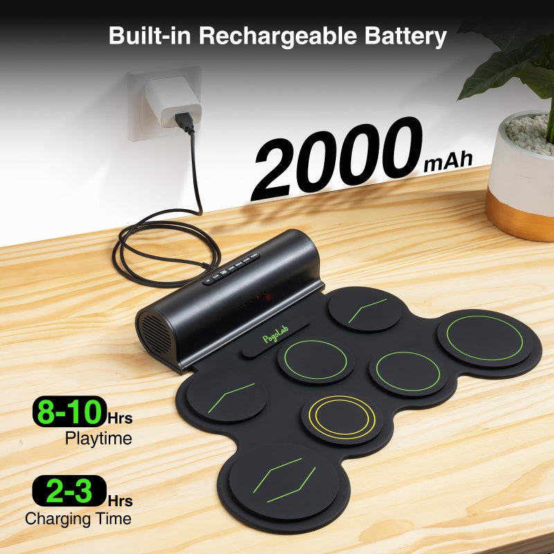 POGOLAB Electronic Drum Set, 7 Pads Roll Up Electric Drum Pad with Wireless Function, Portable Rechargeable Midi Drum Kit with Speaker/Pedals/Headphone Jack, Great Holiday Gift for Beginner (Green) - Image 4