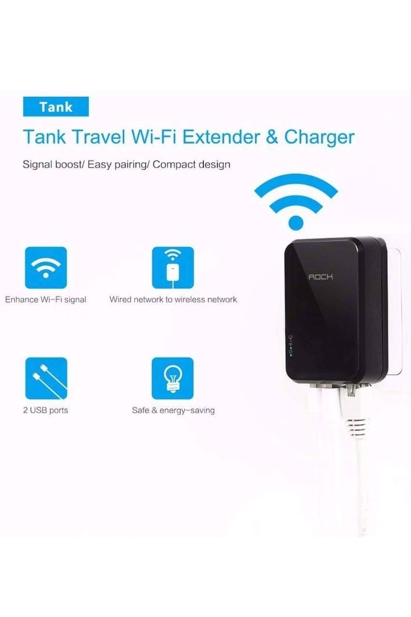Rock Tank WiFi Repeater with Dual USB Wall Charger | 2-in-1 Wireless Signal Booster + Fast Charging Adapter | Travel-Friendly | Universal Plug - Image 4