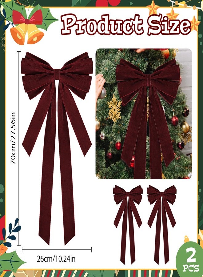 Stuffygreenus 2 Pcs Large Christmas Velvet Bows 10" x 27.5" Christmas Bows Tree Ornament Xmas Velvet Ribbon Bow for Gift Wrapping Wreaths Garland Holiday Home Front Door Decor (Burgundy - Image 2