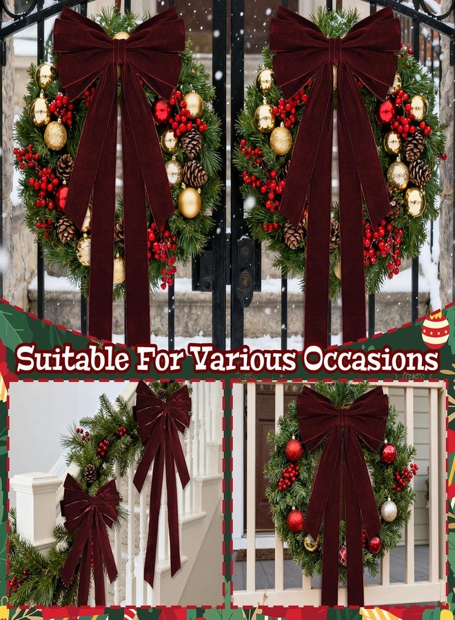 Stuffygreenus 2 Pcs Large Christmas Velvet Bows 10" x 27.5" Christmas Bows Tree Ornament Xmas Velvet Ribbon Bow for Gift Wrapping Wreaths Garland Holiday Home Front Door Decor (Burgundy - Image 4