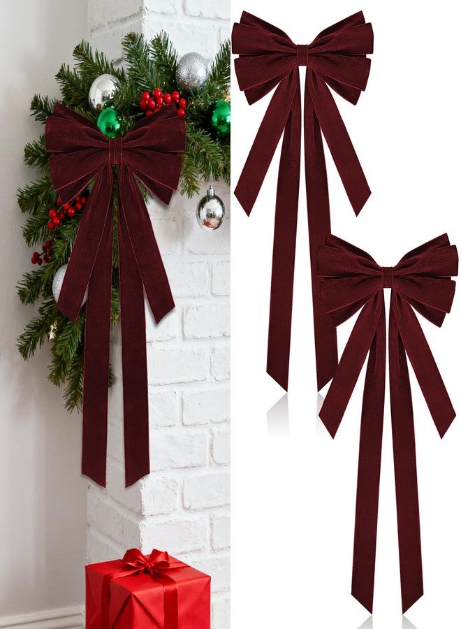 Stuffygreenus 2 Pcs Large Christmas Velvet Bows 10" x 27.5" Christmas Bows Tree Ornament Xmas Velvet Ribbon Bow for Gift Wrapping Wreaths Garland Holiday Home Front Door Decor (Burgundy - Image 1