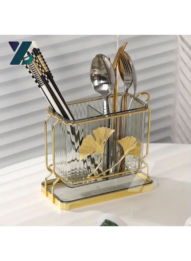 Silver Frame Kitchen Utensil Holder with Drain Tray Dual Compartment Cutlery Organizer - Image 1
