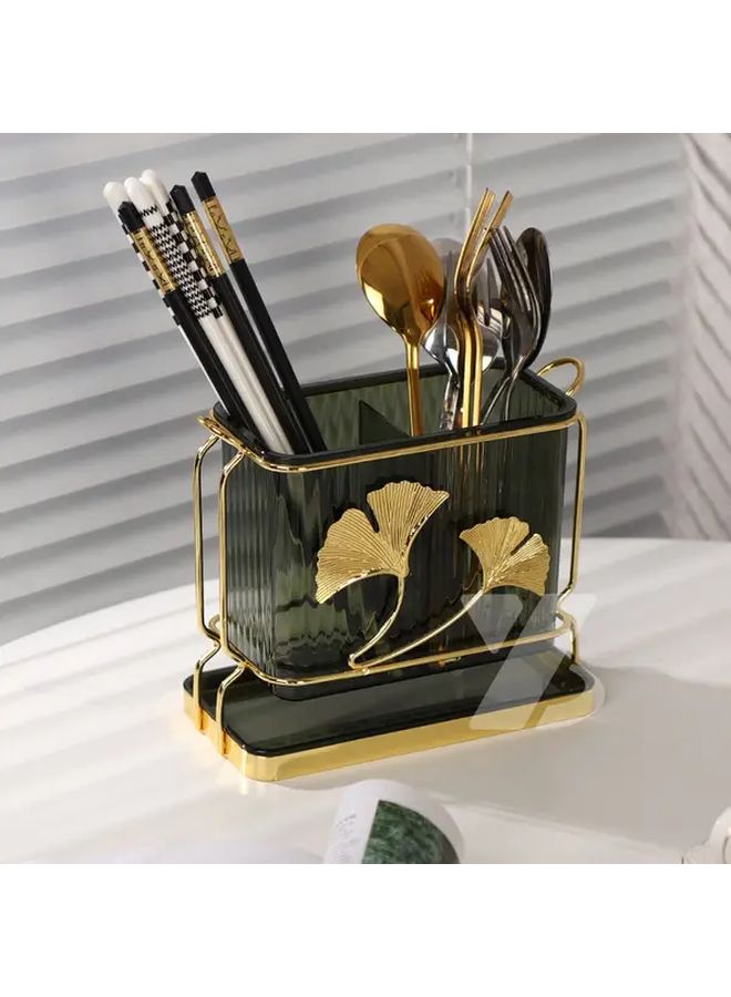 Silver Frame Kitchen Utensil Holder with Drain Tray Dual Compartment Cutlery Organizer - Image 2