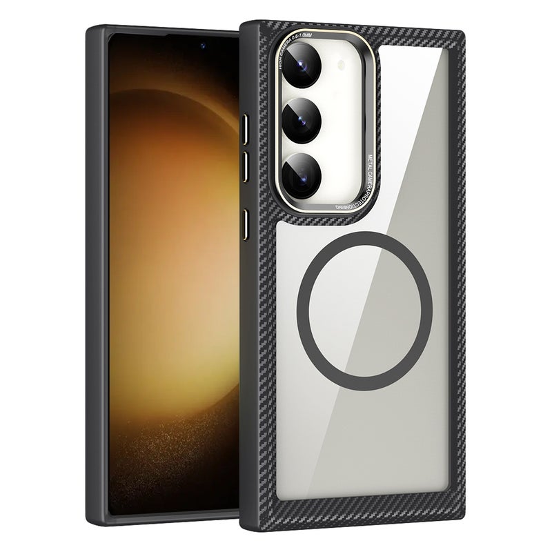 BURAQ Case Cover For Samsung Galaxy S23 Ultra 5G MagSafe Carbon Fiber Transparent Back Panel Phone Case(Black) - Image 1